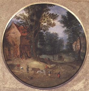 Arabaları ve figürleri olan Flaman manzarası (tondo, panel) by Jan the Elder Brueghel