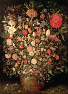 Ahşap bir küvette büyük bir buket çiçek by Jan the Elder Brueghel