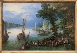 Nehir sahnesi veya barkage, Jan Brueghel tarafından bakır üzerine yağlı boya, dit Brueghel de Velours (1568-1625), yaklaşık 1605. Boyut: 24 x 36 cm. Fotoğraf, KIM Youngtae, Nantes, Musee des Beaux Arts de Nantes. by Jan the Elder Brueghel