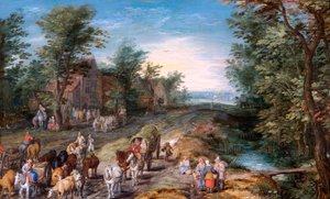 Gezginler ve Sığırlarla Yol Manzarası, 1611 dolayları (meşe panel üzerine yağlı boya) by Jan the Elder Brueghel