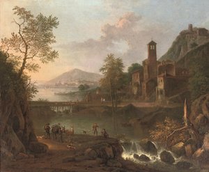 Bir katırcı ve olta balıkçıları ile İtalyan tarzı bir nehir manzarası, ötesinde bir tepe kasabası (tuval üzerine yağlıboya) by Jan van (studio of) Huijsum