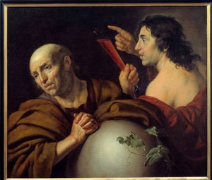 Heraclite ve Democrite Yunan filozofları Efesli Heraclite (Herakleitos) (MÖ 535-475) ve Democrite (Democritus) (MÖ 460-370). Jan van Bijlert (1597-1671) 17. yüzyıl Utrecht tarafından tablo. Merkez Müzesi