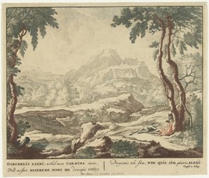 Bir ağacın yanında iki çoban ile manzara Virgil'in şiir koleksiyonu Bucolica'dan sahneler (seri başlığı) by Jan van Call (I)
