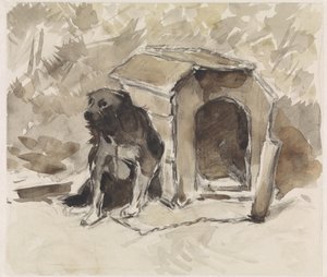 Köpek kulübesinin önünde bir tasma üzerinde oturan köpek