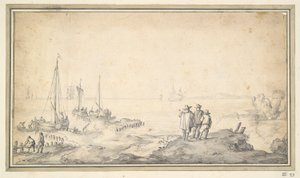Gemilerle Körfeze Bakan Bir Kumul Üzerinde Üç Figür by Jan van Goyen