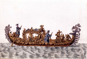 Kraliyet gondol. Jan van Grevenbroek (veya Giovanni Grevenbroich (Grevenbroich) (1731-1807) tarafından yazılan "Veniyalıların Gümrükleri" adlı el yazmasından suluboya çizimi ve mürekkep by Jan van Grevenbroeck