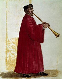 Flüt çalan Jan van Grevenbroek (veya Giovanni Grevenbroich (Grevenbroich) (1731-1807) tarafından yazılan “Venediklilerin Gümrükleri” adlı el yazmasından suluboya çizimi ve mürekkep by Jan van Grevenbroeck