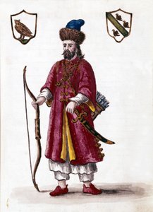 Marco Polo. Jan van Grevenbroek (veya Giovanni Grevenbroich (Grevenbroich) (1731-1807) tarafından yazılan "Veniyalıların Gümrükleri" adlı el yazmasından suluboya çizimi ve mürekkep
