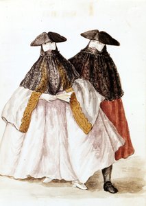 Venedik Karnavalı Maskeleri. Jan van Grevenbroek (veya Giovanni Grevenbroich (Grevenbroich) (1731-1807) tarafından yazılan "Veniyalıların Gümrükleri" adlı el yazmasından suluboya çizimi ve mürekkep