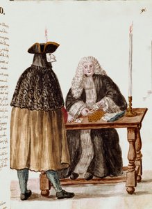 Oyun odası: krupiyenin önünde kartları çeken bir karakter maskeleri, masada madeni paralar toplanır Suluboya çizimi ve Jan van Grevenbroeck (veya Giovanni Grevembroch (Grevenbroch) (1731-1807) tarafından yazılmış bir el yazmasından çizilmiş mürekkep) by Jan van Grevenbroeck