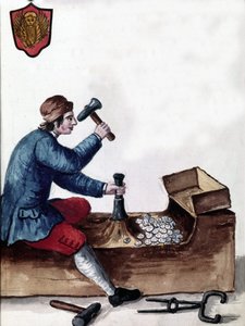 Venedik Cumhuriyeti madeni paralarının imalatı: darphane aşaması. Jan van Grevenbroeck (veya Giovanni Grevembroch (Grevenbroch) (1731-1807) tarafından yazılan “Veniyalıların Gümrükleri” adlı el yazmasından suluboya çizimi ve mürekkep by Jan van Grevenbroeck