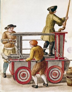 Su pompası veya hidrolik pompa kullanımı Jan van Grevenbroeck (veya Giovanni Grevembroch (Grevenbroch) (1731-1807) tarafından yazılmış bir el yazmasından suluboya çizimi ve mürekkep by Jan van Grevenbroeck