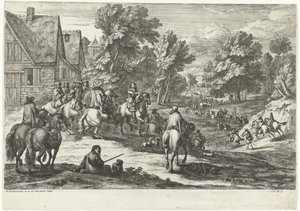 Ön planda atlıların olduğu bir köyün görünümü by Jan van Huchtenburg