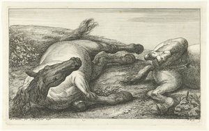 Önden görülen iki düşmüş at, soldaki Ölü Atlar (dizi adı) by Jan van Huchtenburg