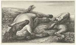 Önden görülen iki düşmüş at, soldaki Ölü Atlar (dizi adı) by Jan van Huchtenburg