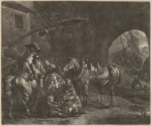 İki Çocuklu Anne ve Bir Hanın Önünde Bir At by Jan van Huchtenburgh