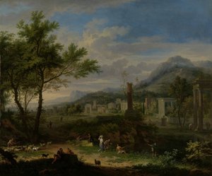 Balıkçılar ile Arkadya Manzarası by Jan van Huysum