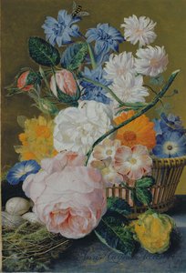 Bir sepet içinde güller, sabah sefası, nergis, aster ve diğer çiçekler, mermer bir çıkıntının üzerindeki yuvada yumurtalarla, 1744