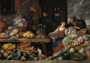 Genç Bir Meyve Satıcısı ile Meyve ve Sebze Pazarı by Jan van Kessel d.Æ.