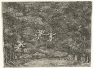 Gece gökyüzünde meleklerle sahne dekoru by Jan van Ossenbeeck