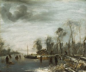 Donmuş bir Su Yolunda Patenciler ve Colf Oyuncularıyla Bir Kış Manzarası, 1653