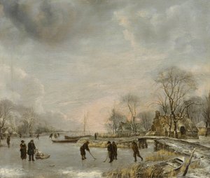 ""Buz üzerinde golf oyuncuları ile kış manzarası"" (Kolf oyuncuları ile kış manzarası) Jan van de Cappelle (1626-1679)