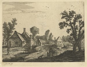 Köy sokakta kadın ve çocuk ile köy manzarası by Jan van de Cappelle (attributed to)