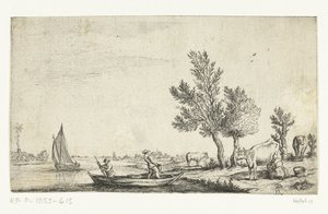 Bir kayıkta iki adamla nehir manzarası by Jan van de Cappelle (attributed to)