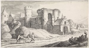 Bir kaleyi geçen bir yolda atı olan çiftçi Playsante manzaraları ve eğlenceli sahneler (dizi başlığı) by Jan van de Velde (II)