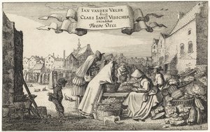 Bir pazarda bir sebze tezgahında rakamlar Manzaralar (dizi başlığı) Amenissimae aliquot requculae (dizi başlığı) by Jan van de Velde (II)