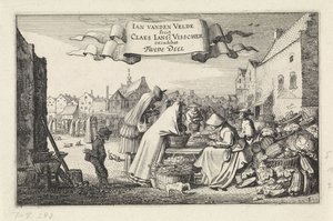Bir pazarda bir sebze tezgahında rakamlar Manzaralar (dizi başlığı) Amenissimae aliquot requculae (dizi başlığı) by Jan van de Velde (II)