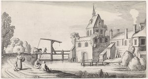 Kilise kulesi olan bir köyün asma köprüsündeki rakamlar Playsante manzaraları ve eğlenceli sahneler (dizi başlığı) by Jan van de Velde (II)