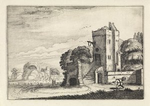 Manzaradaki bir kulenin yanında kuş sepeti olan figürler Manzaralar (dizi başlığı) Amenissimae aliquot requculae (dizi başlığı) by Jan van de Velde (II)