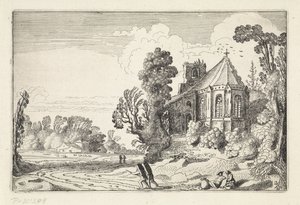 Bir kilise harabesinin yakınındaki bir köy yolunda rakamlar Manzaralar (dizi başlığı) Amenissimae aliquot requculae (dizi başlığı) by Jan van de Velde (II)