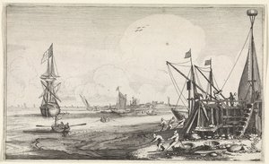Balıkçıların ağlarını çektiği liman başı Deniz Manzaraları (dizi adı) by Jan van de Velde (II)