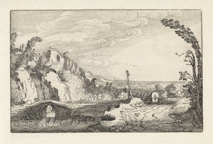 Dağlık bir nehir manzarasında bir yolda kapalı vagon Manzaralar (dizi başlığı) Amenissimae aliquot requculae (dizi başlığı) by Jan van de Velde (II)