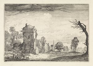 Manzaradaki bir kulede köpekli avcılar Manzaralar (dizi başlığı) Amenissimae aliquot requculae (dizi başlığı) by Jan van de Velde (II)