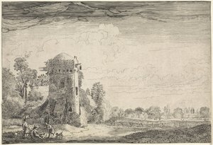 Manzaradaki bir kulede köpekli avcılar Manzaralar (dizi başlığı) Amenissimae aliquot requculae (dizi başlığı) by Jan van de Velde (II)