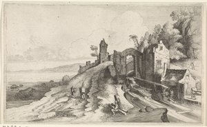 Bir su değirmeni ile kıyı manzarası Deniz Manzaraları (dizi adı) by Jan van de Velde (II)