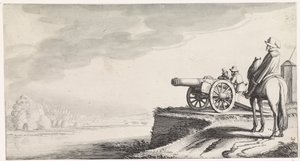 Bir nehir kıyısında bir topun yanında binici ve iki asker Playsante manzaraları ve eğlenceli sahneler (dizi başlığı) by Jan van de Velde (II)