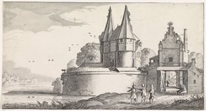 Nehir kenarında bir kale ve şehir kapısında askerler Playsante manzaraları ve eğlenceli sahneler (dizi başlığı) by Jan van de Velde (II)