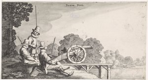 Bir nehir iskelesinde bir topun yanında askerler Playsante manzaraları ve eğlenceli sahneler (dizi başlığı) by Jan van de Velde (II)