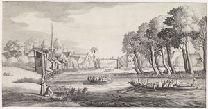 Bir köyün yakınındaki bir nehirde iki kayık Playsante manzaraları ve eğlenceli sahneler (dizi başlığı) by Jan van de Velde (II)
