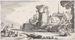 Bir nehir üzerinde gözetleme kulesi Eğlenceli manzaralar ve eğlenceli şiirler (dizi adı) by Jan van de Velde (II)
