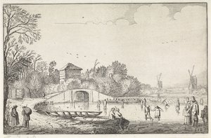 Bir köprüde patenciler ile kış manzarası Manzaralar (dizi başlığı) Amenissimae aliquot requculae (dizi başlığı) by Jan van de Velde (II)