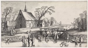 Bir köyün yakınında patenciler ile kış manzarası Playsante manzaraları ve eğlenceli sahneler (dizi başlığı) by Jan van de Velde (II)