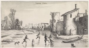 Bir şehir duvarının yanında patenciler ile kış manzarası Hoş manzaralar ve eğlenceli manzaralar (seri başlığı) by Jan van de Velde (II)