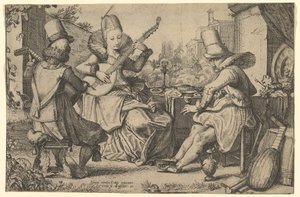 Bir Bahçede Şık Giyinmiş İki Erkek ve Bir Kadın, 1613-41.