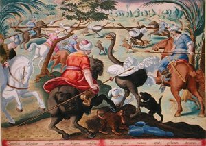 Atlı Devekuşu Avında Moors, Jan Collaert (1566-1628) tarafından oyulmuş 