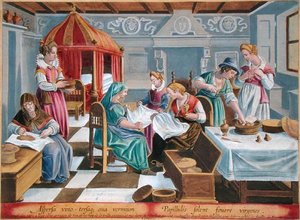 Kadınlar İpekböceği Yumurtalarını Şarap Serpiyor ve Göğüslerinde Sıcak Tutuyorlar, Philip Galle (1537-1612) tarafından oyulmuş 